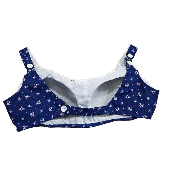 Vintage‎ 70s Blue Floral Cotton Womens Bra White Lace Trim Button Molded Cups 12 - Picture 3 of 10